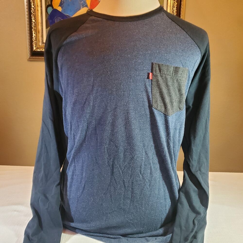 Levi's Mens Large Long Sleeve Raglan Shirt Blue Black Pocket